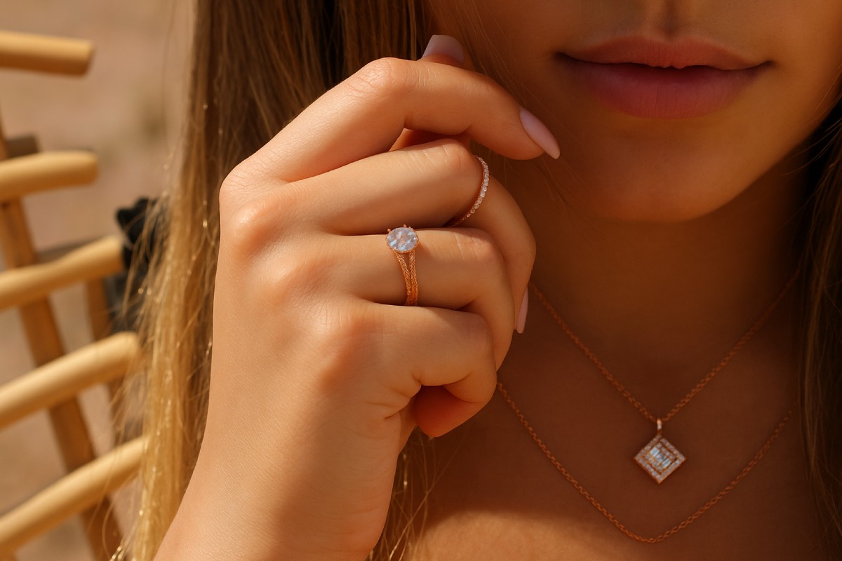 Gros plan sur une femme portant une bague en or rose avec diamant blanc de laboratoire, accompagnée d’un collier carré en or rose serti, illustrant l’élégance naturelle des bijoux éthiques signés Laveran Paris.